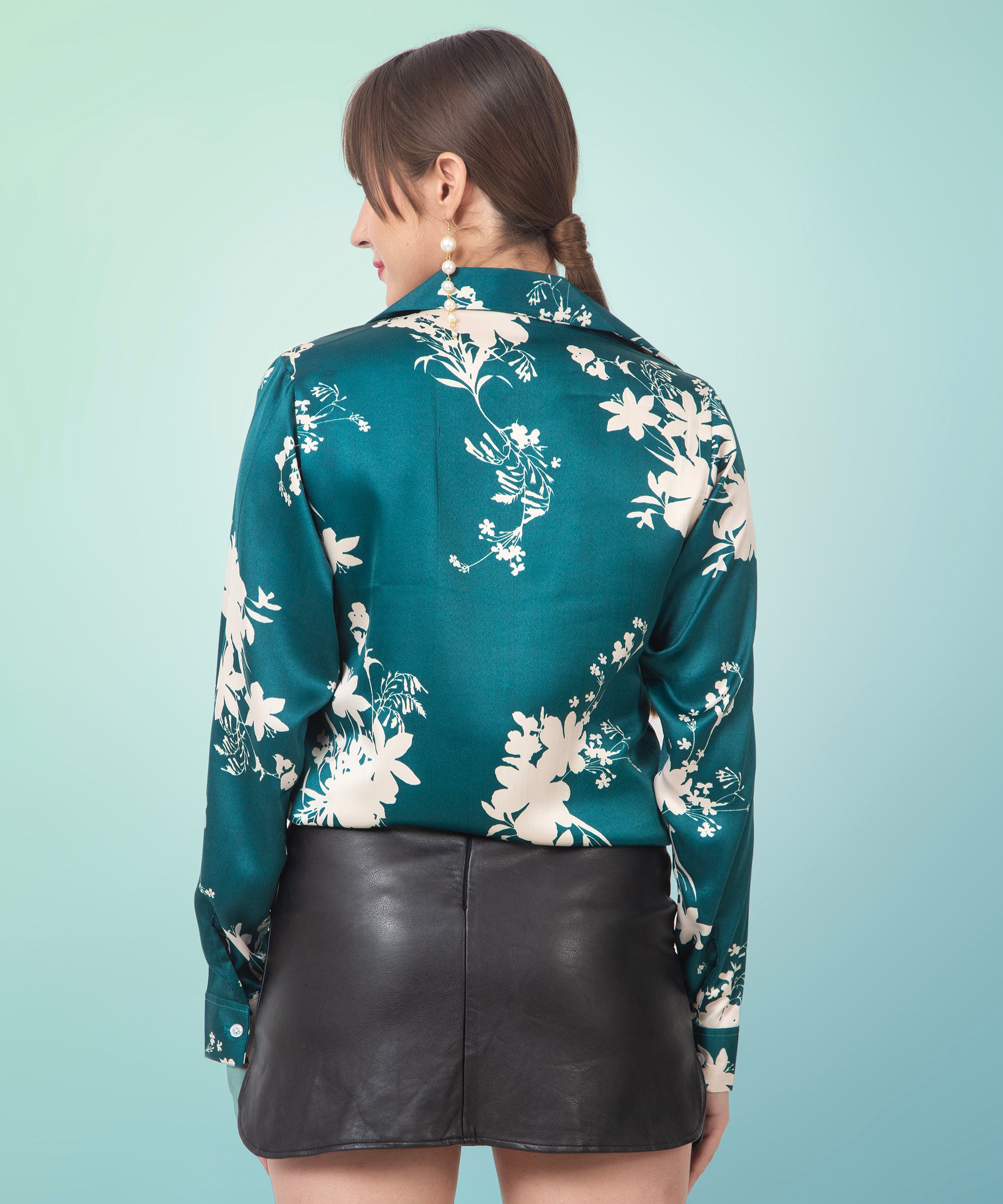 Chic Teal Satin Floral Shirt