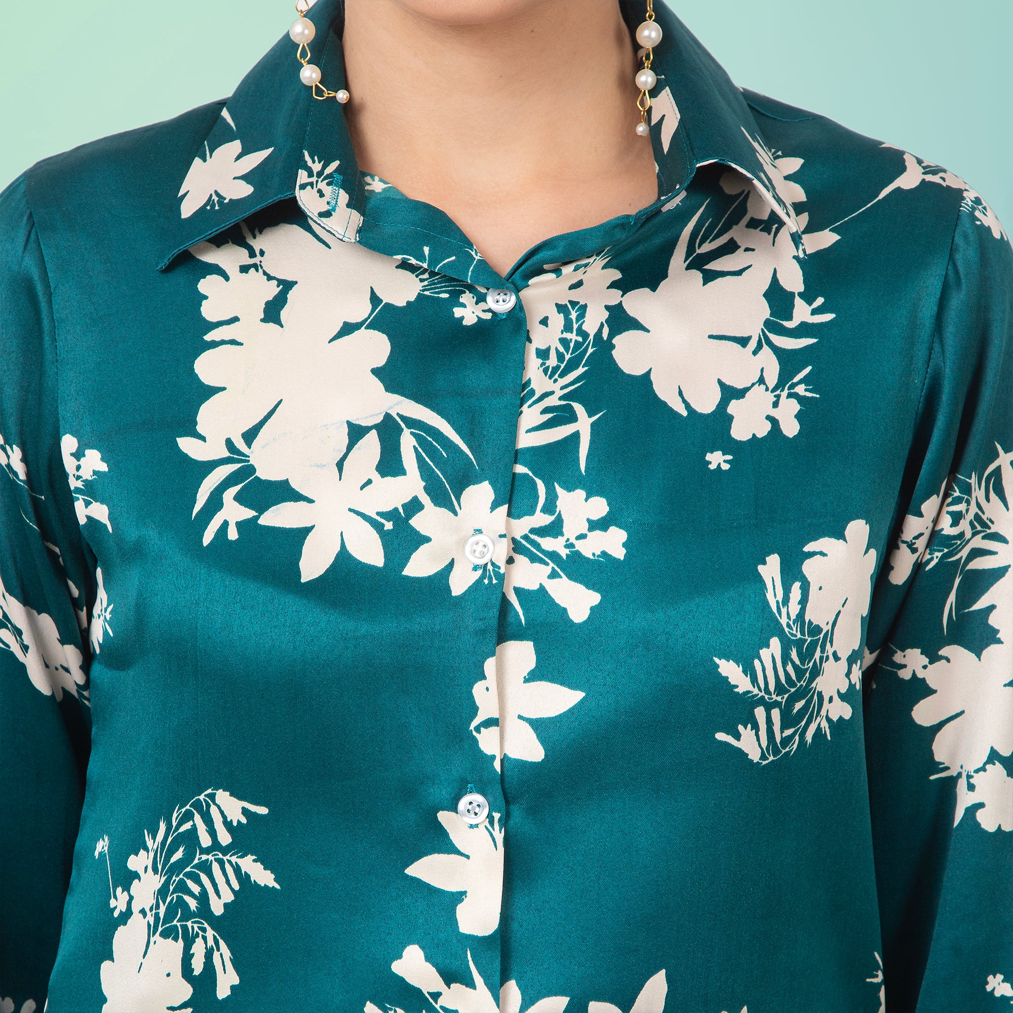 Chic Teal Satin Floral Shirt