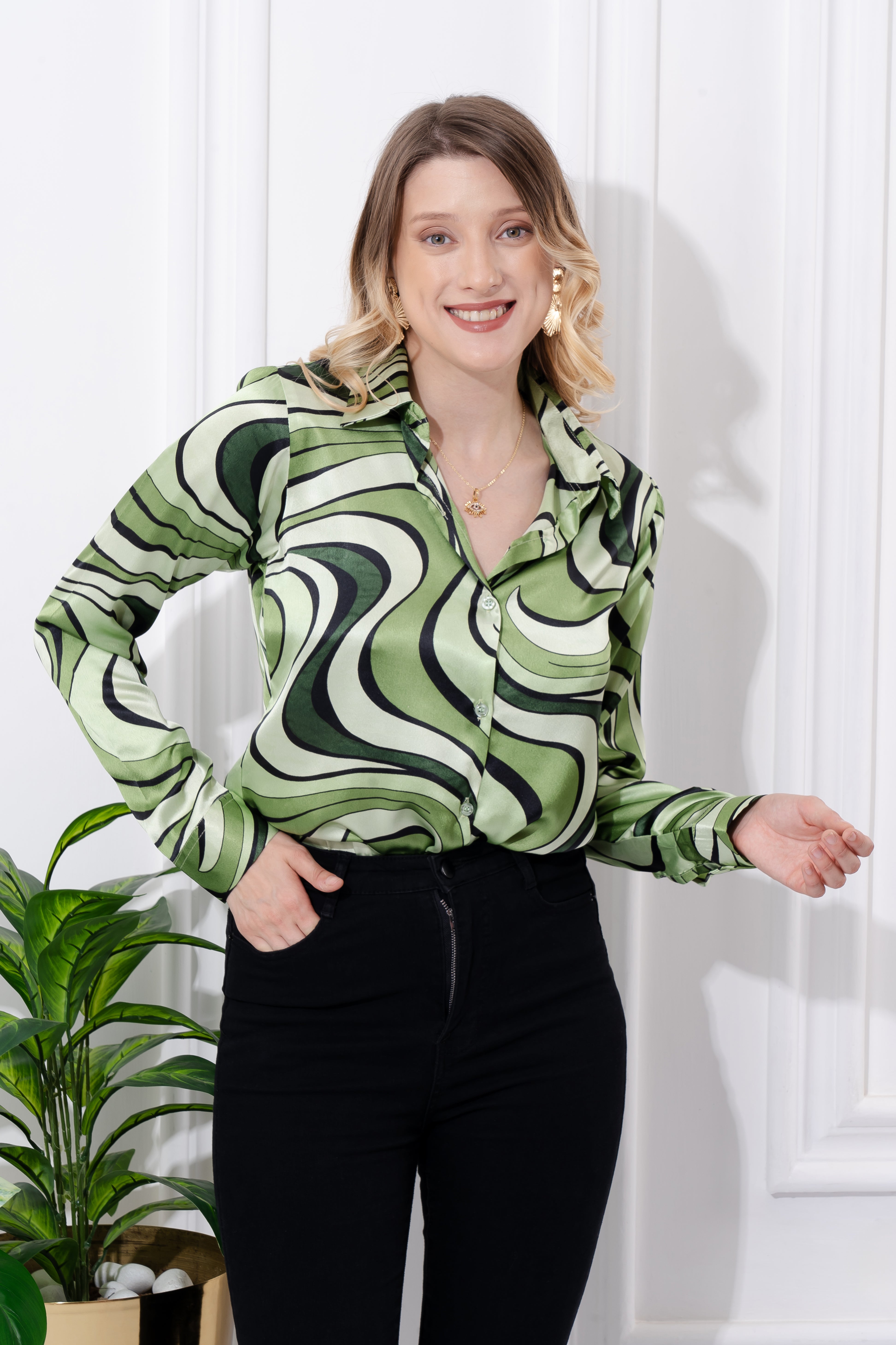 Emerald Green Swirl Satin Shirt