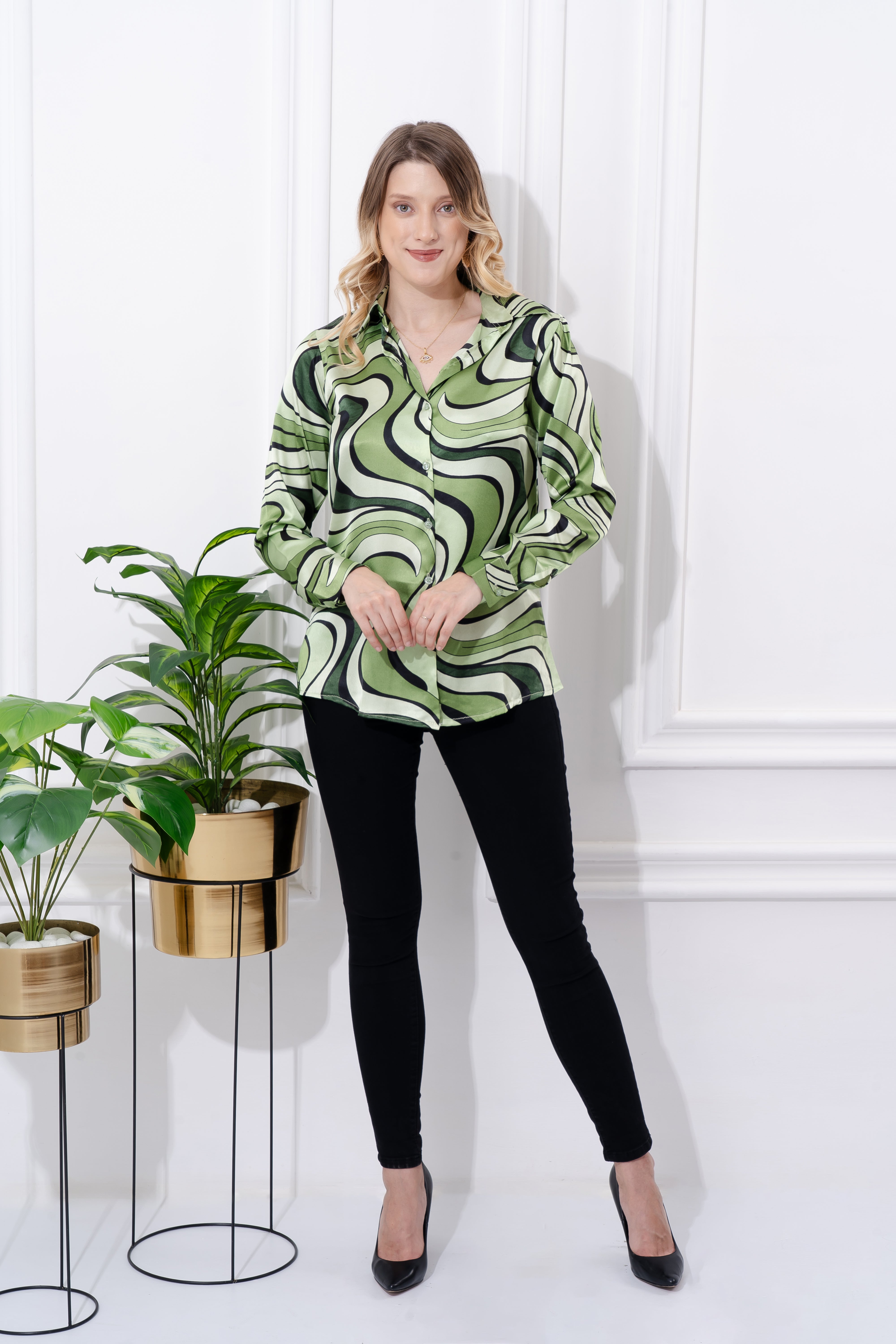 Emerald Green Swirl Satin Shirt