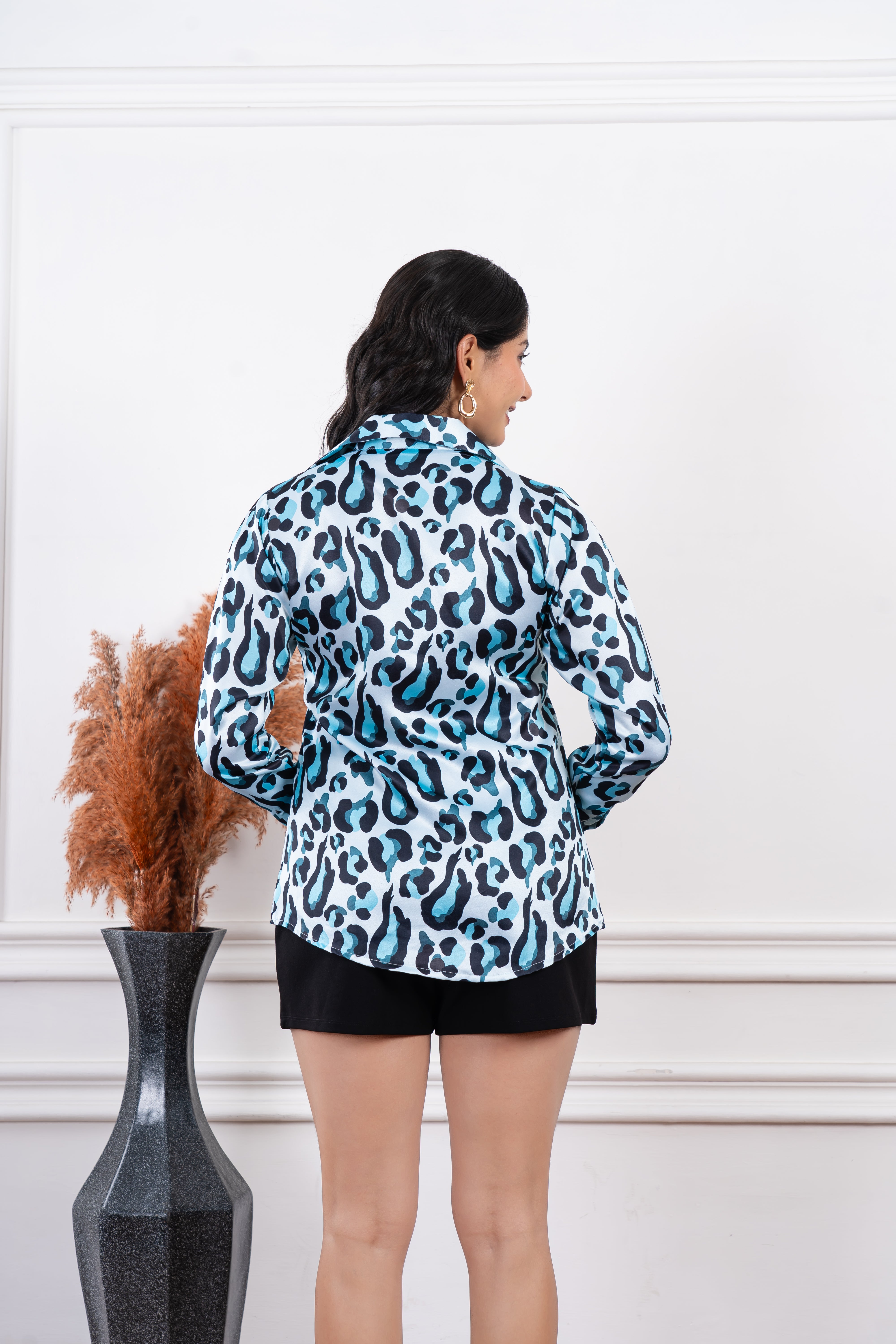Ice Blue Animal Print Satin Shirt