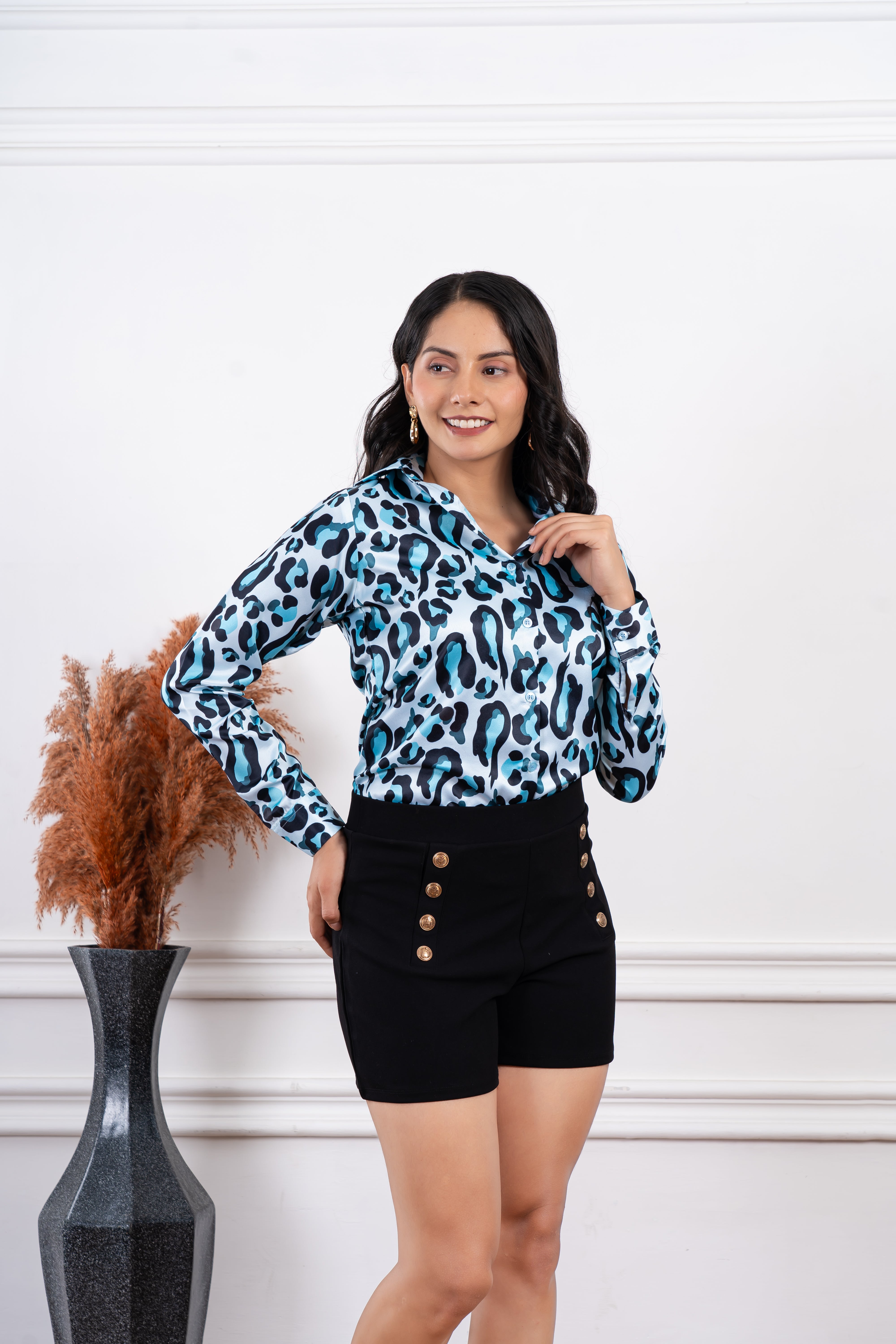 Ice Blue Animal Print Satin Shirt