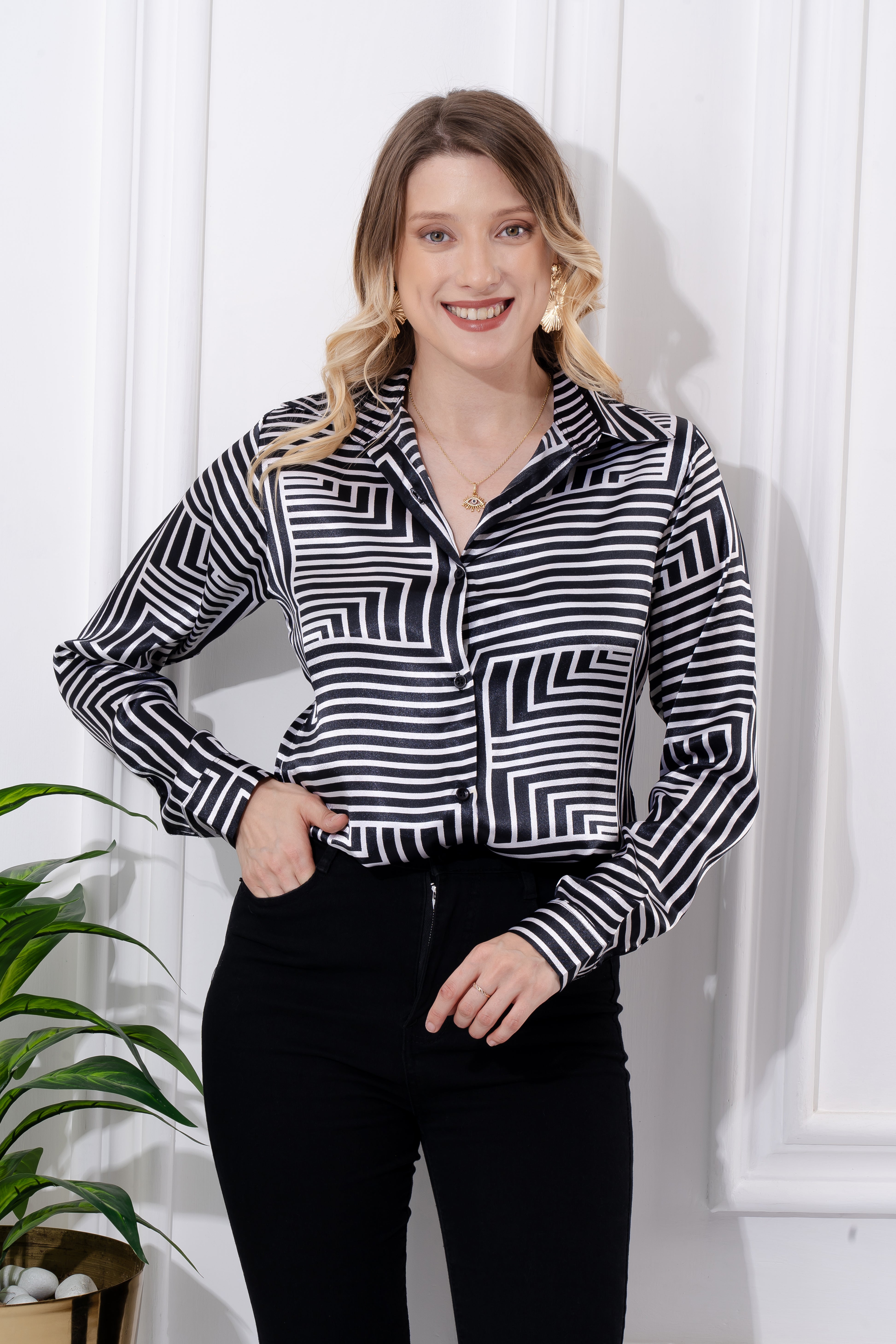 Monochrome Maze Satin Shirt