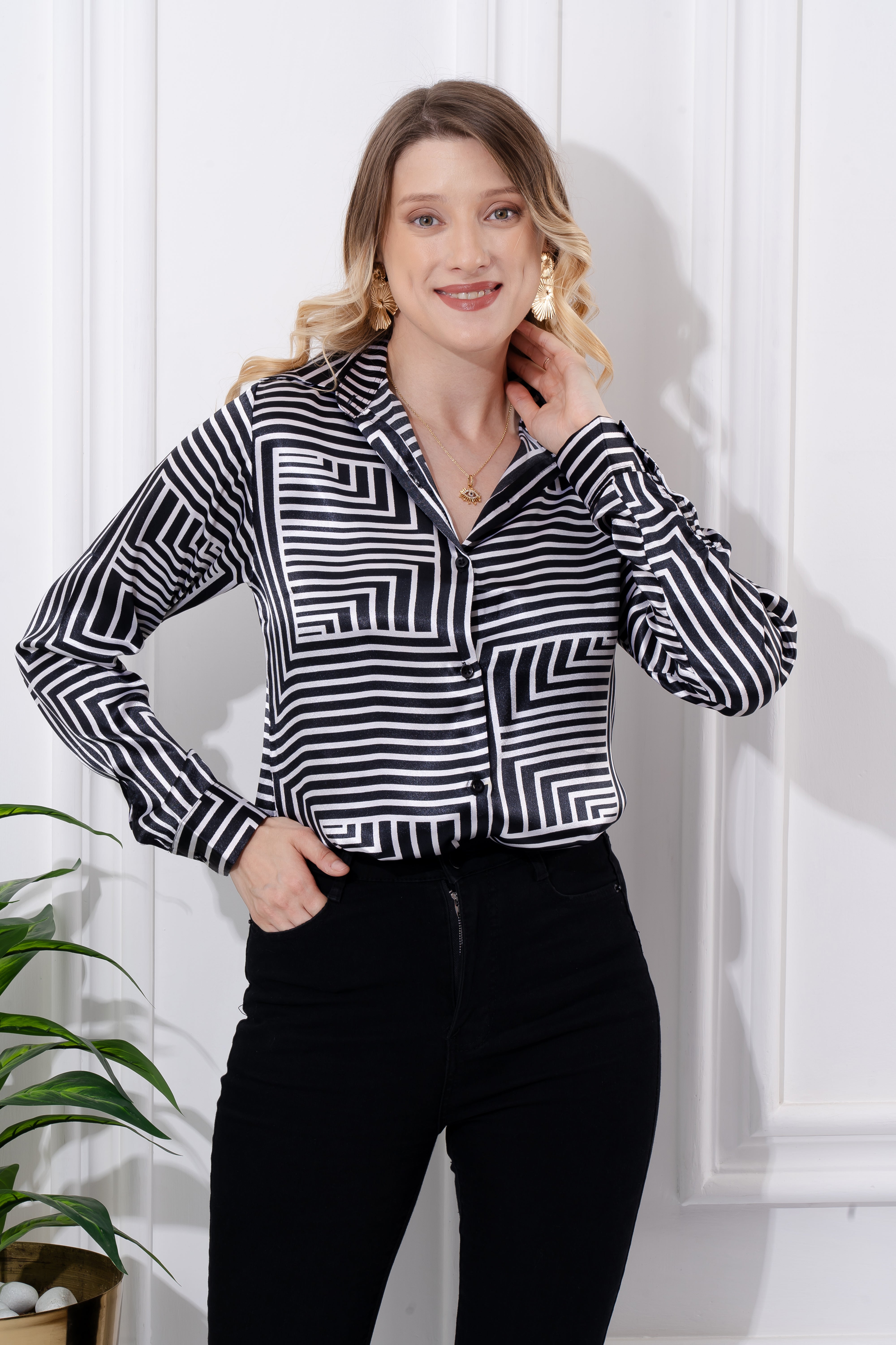 Monochrome Maze Satin Shirt