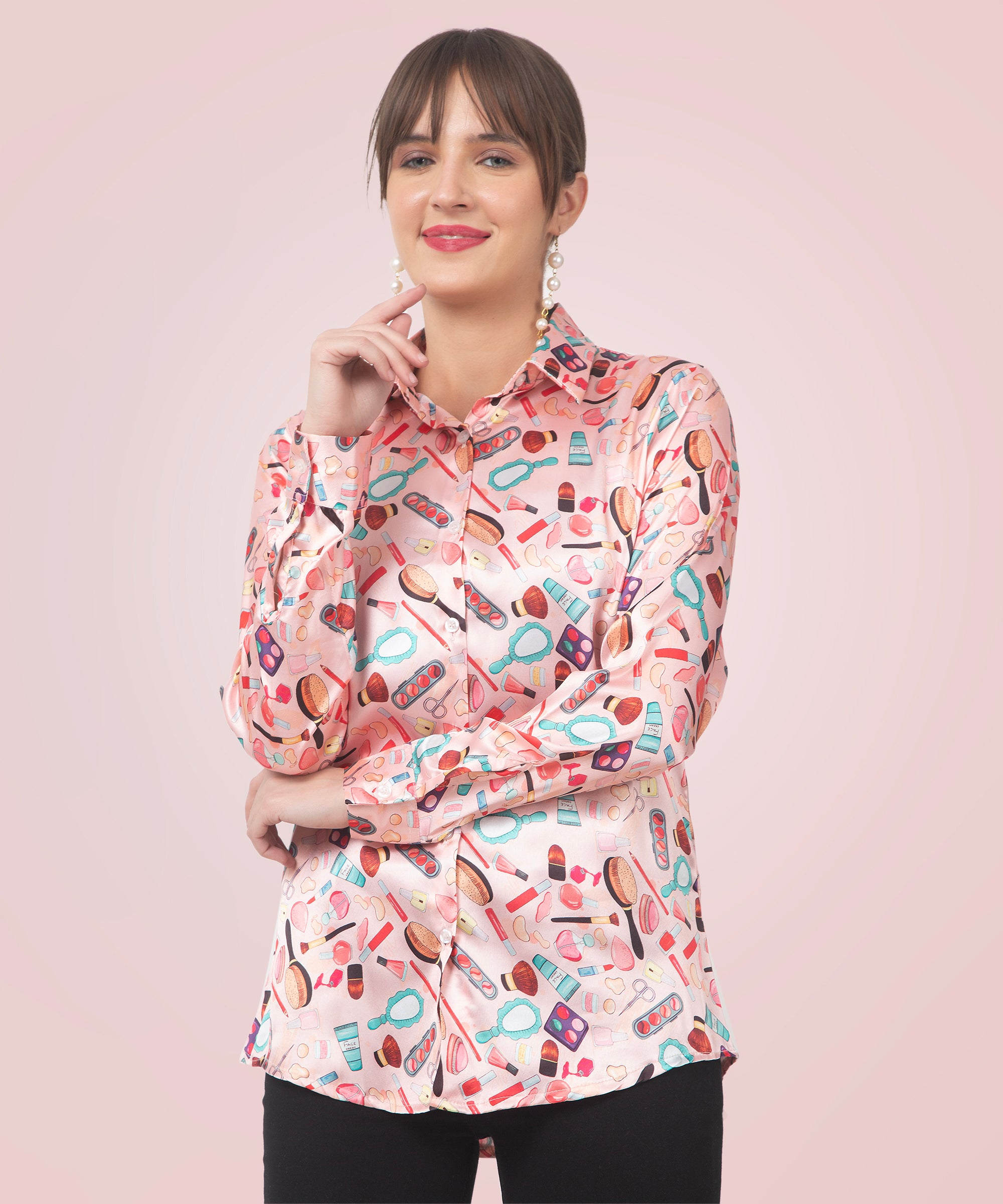 Stylish Makeup Printed Satin Shirt