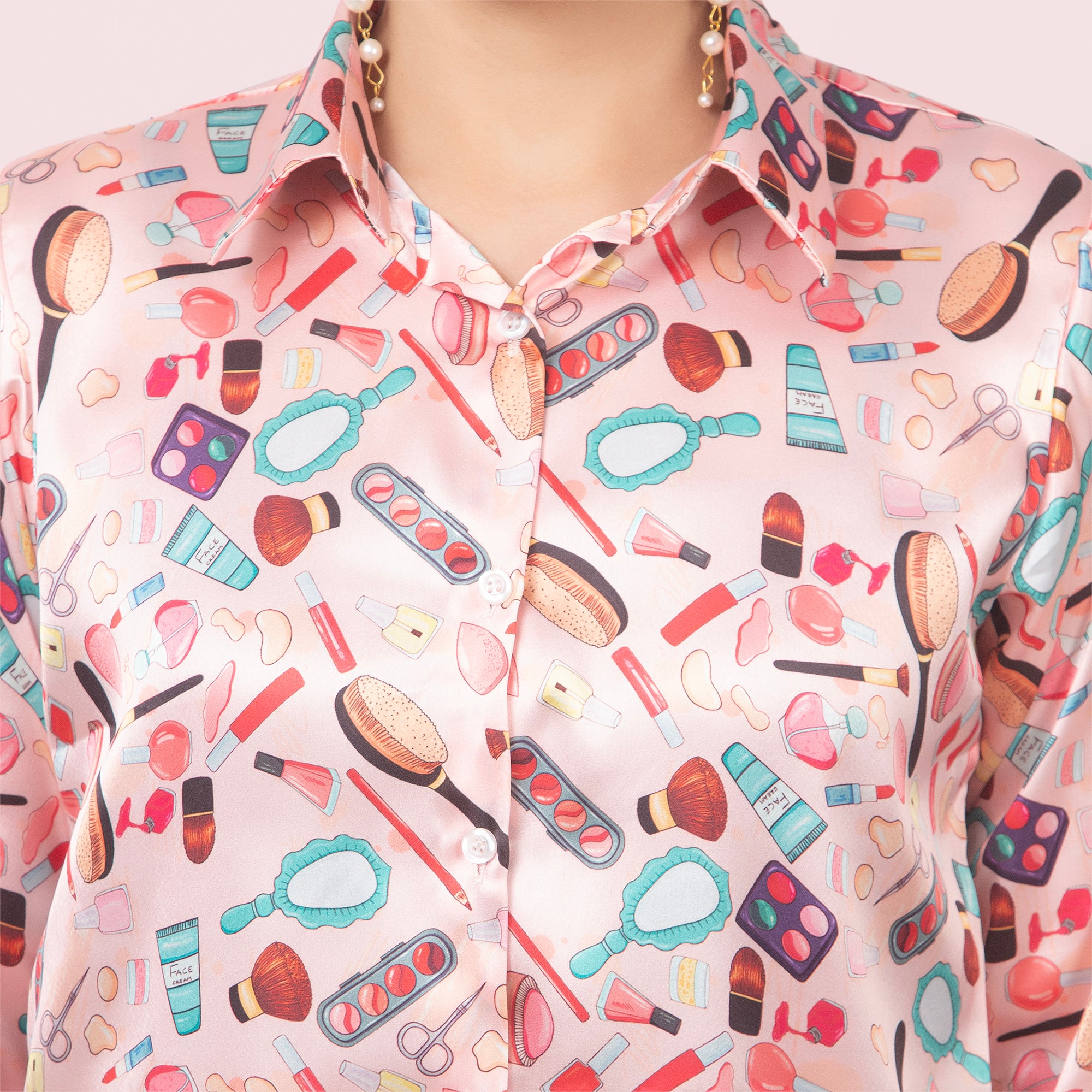 Stylish Makeup Printed Satin Shirt