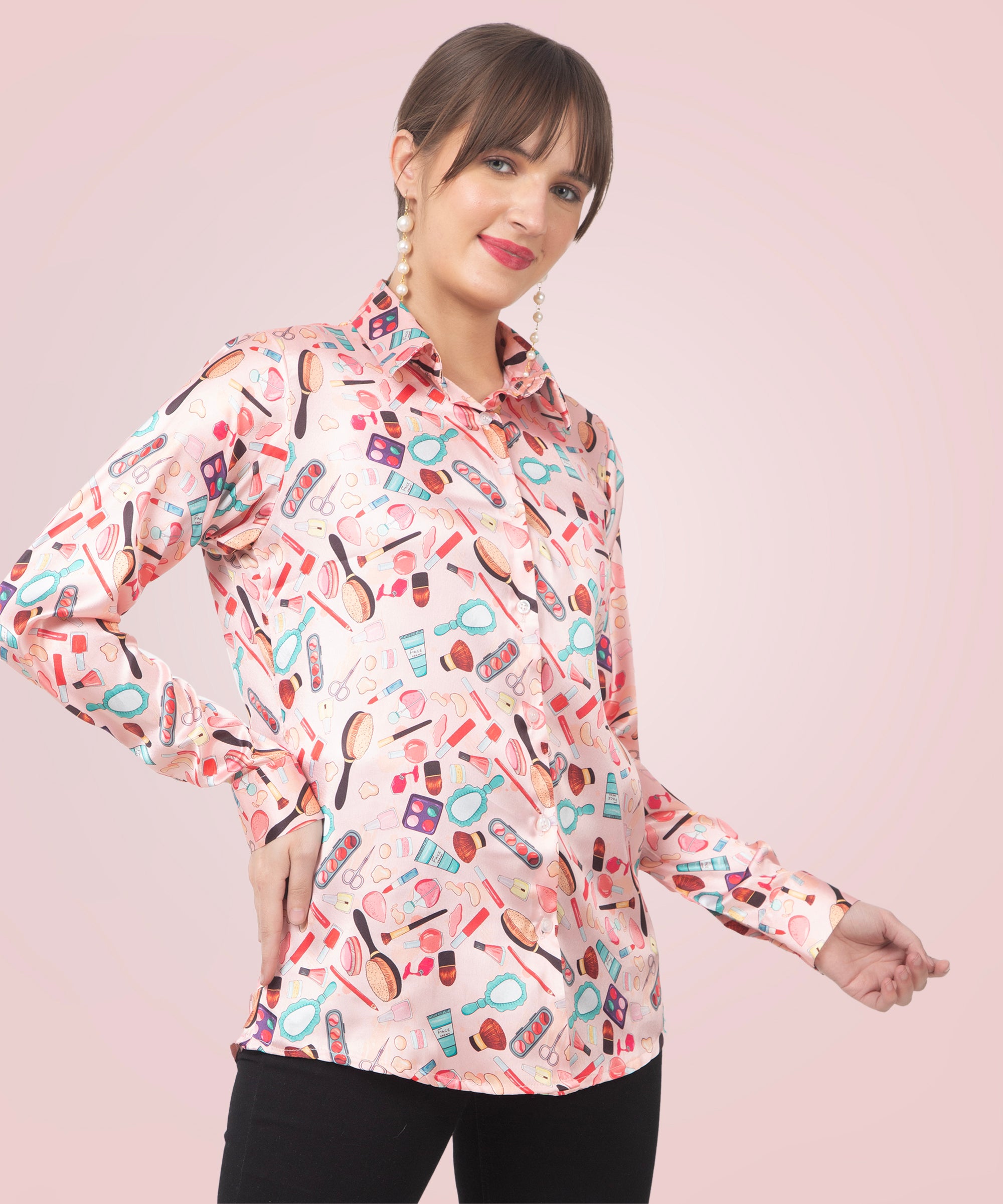 Stylish Makeup Printed Satin Shirt