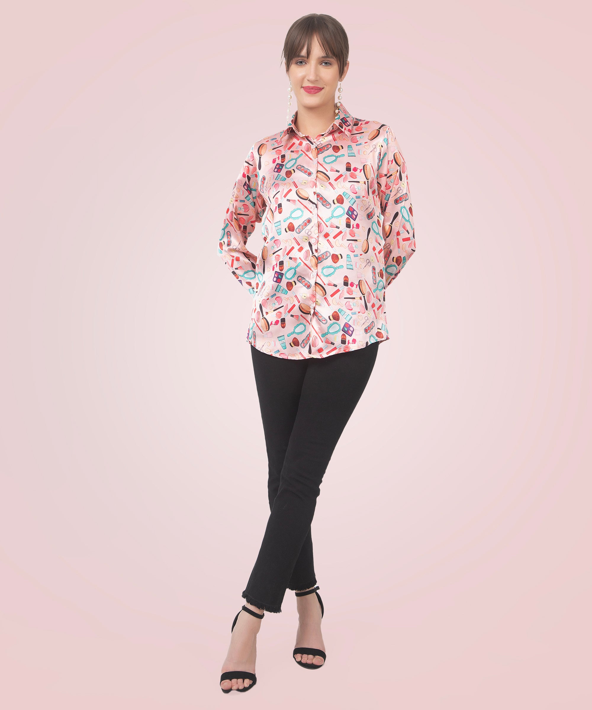 Stylish Makeup Printed Satin Shirt